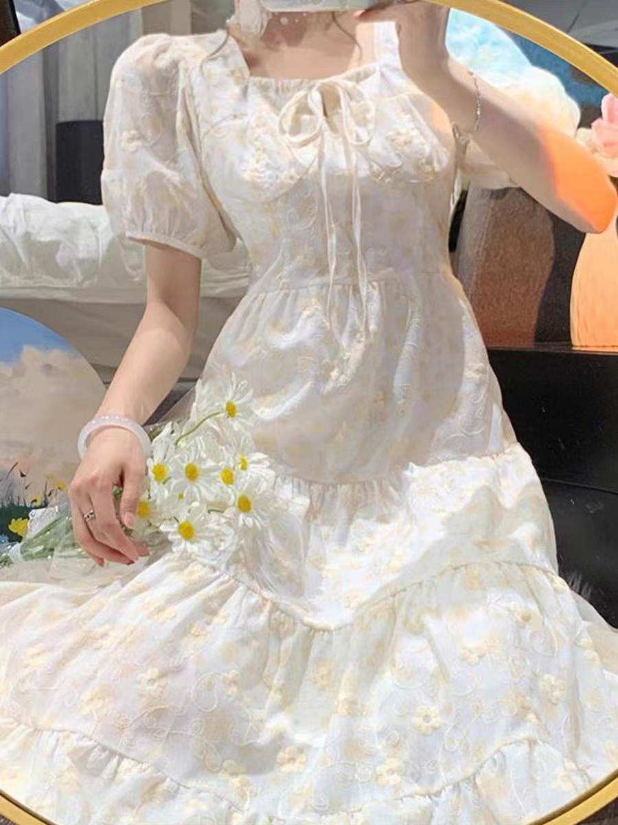 雙層有里布茶歇法式連衣裙女夏季2024新款刺繡長款高級感裙子