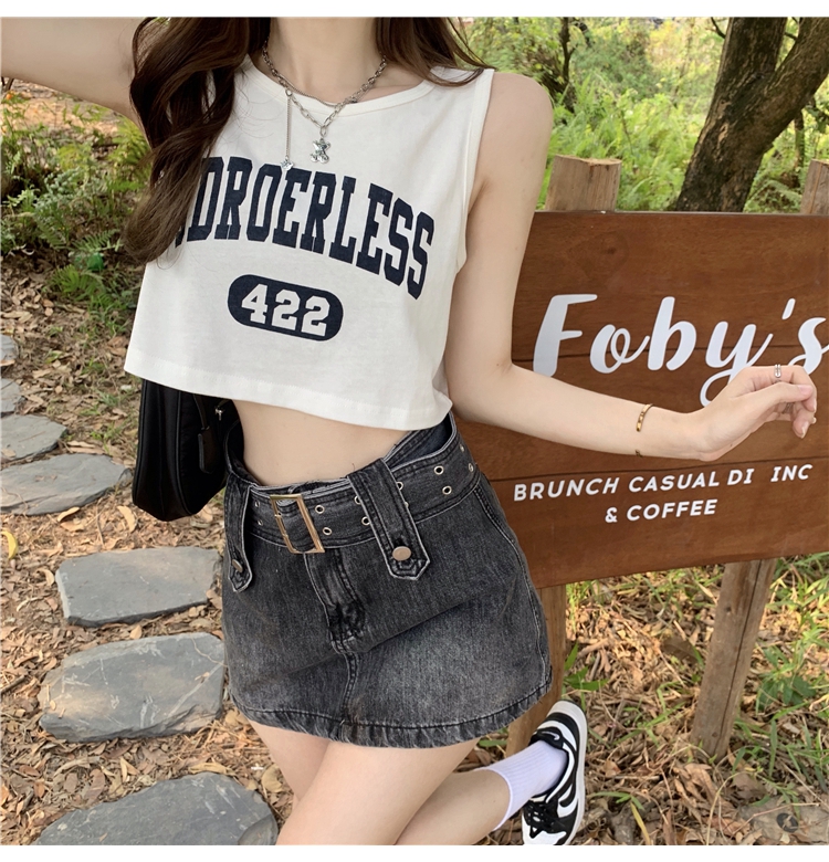 純棉 夏季新款T恤女設計感小眾美式字母印花短款露臍辣妹修身背心