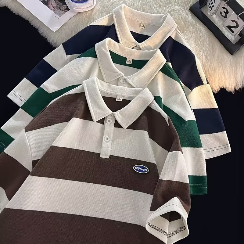純棉設計感青少年polo衫女短袖夏季新款日系條紋翻領t恤女孩衣服