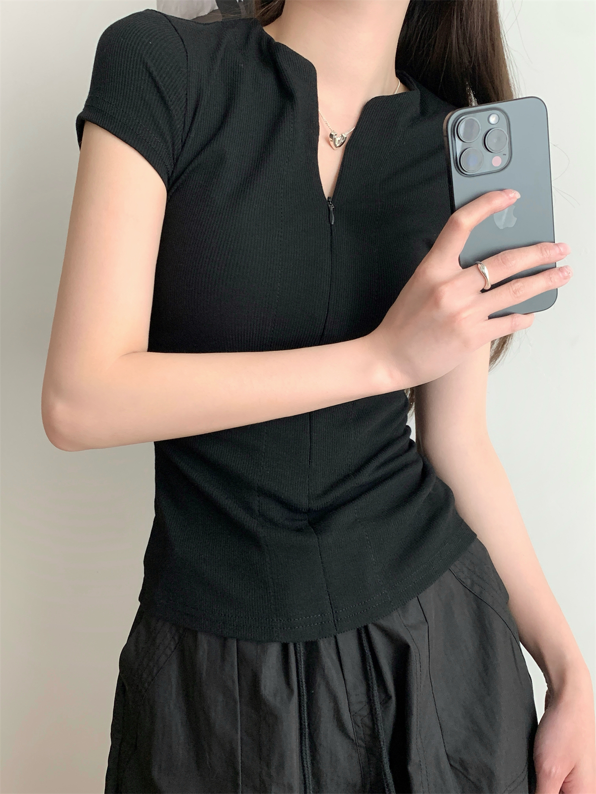 實拍 春夏韓版修身隱形拉鏈設計感純色百搭純棉短袖T恤女上衣