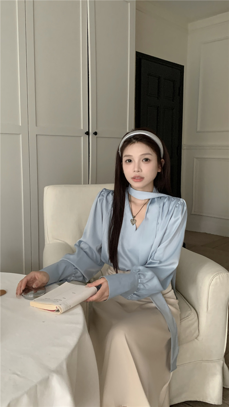 實拍法式御姐系帶設計感別致早秋小眾上衣