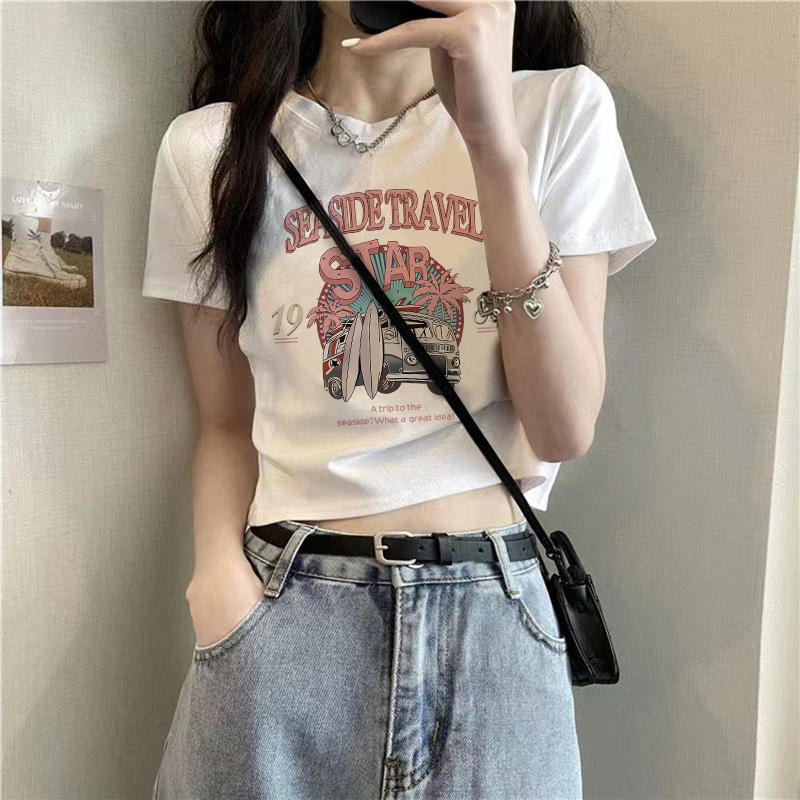 白色質感純棉短款修身短袖T恤女2024夏季新款歐貨卡通上衣打底衫