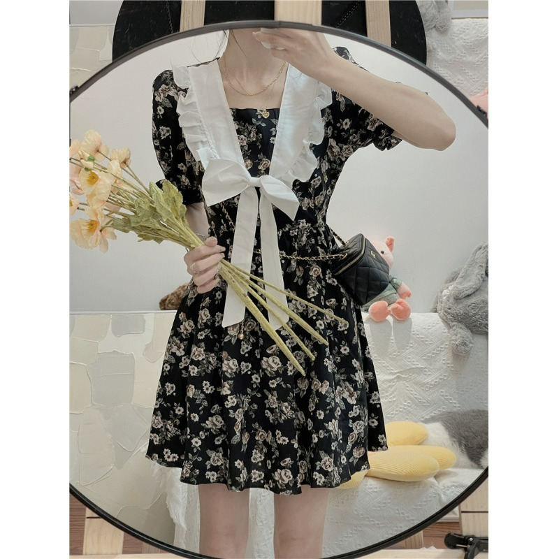 Cotton Blended | Summer 2024 Niche Design Women's Skirts New Small Floral Short Sleeve Dresses