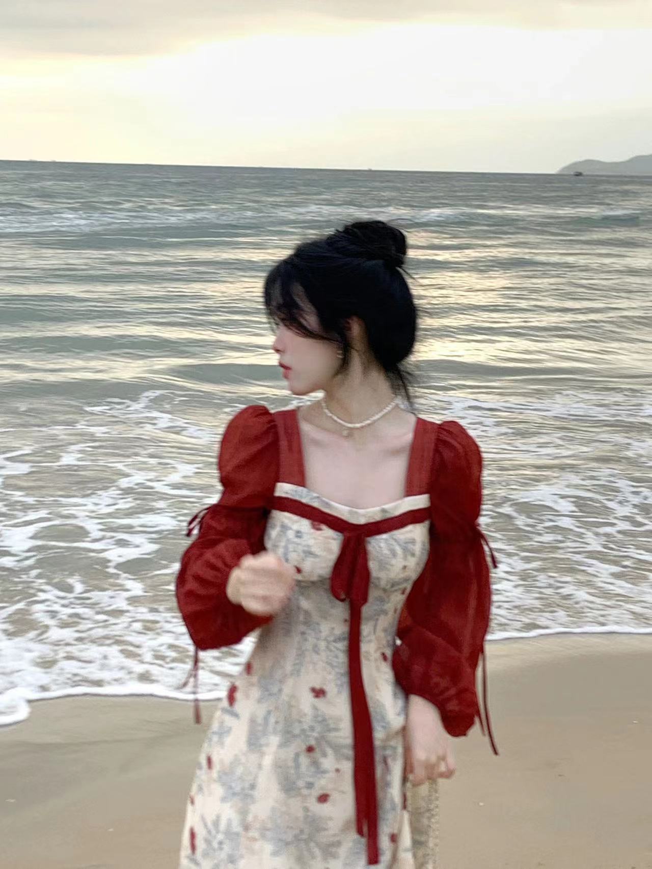 01/04 20:00上新限時9折浮玉枝意 系帶拼接撞色連衣裙春新款