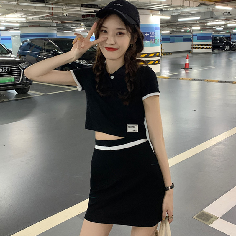 2024年夏季新款顯瘦polo領短款上衣高腰包臀半身裙撞色兩件套裝女