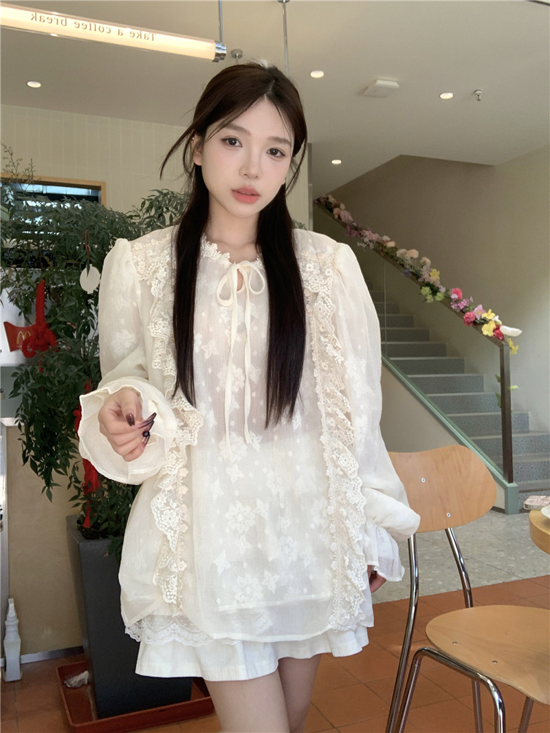 實拍韓系復古假兩件重工設計感蕾絲花邊仙女上衣