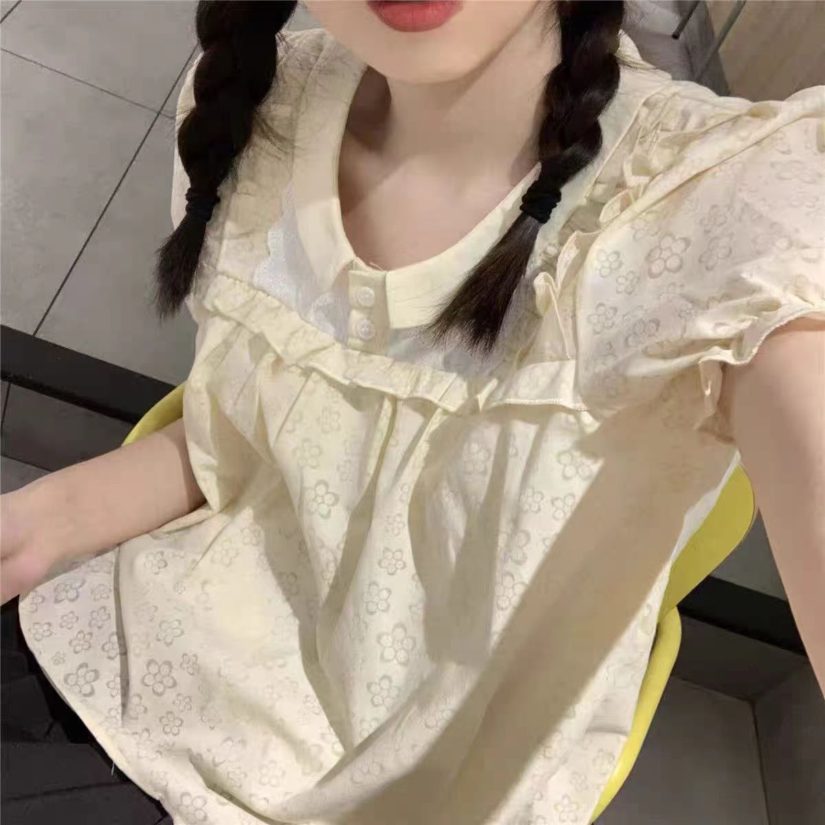日系軟妹小花娃娃領學生韓版寬鬆百搭泡泡短袖襯衫上衣