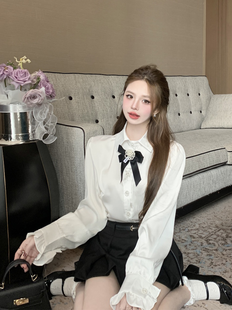 實拍 春季白色花朵領結緞面襯衫女高級感設計顯氣質時尚襯衣