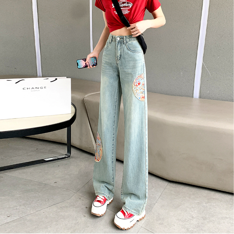 新中式國風刺繡牛仔褲女春裝2024年新款顯瘦高腰窄版闊腿直筒褲子