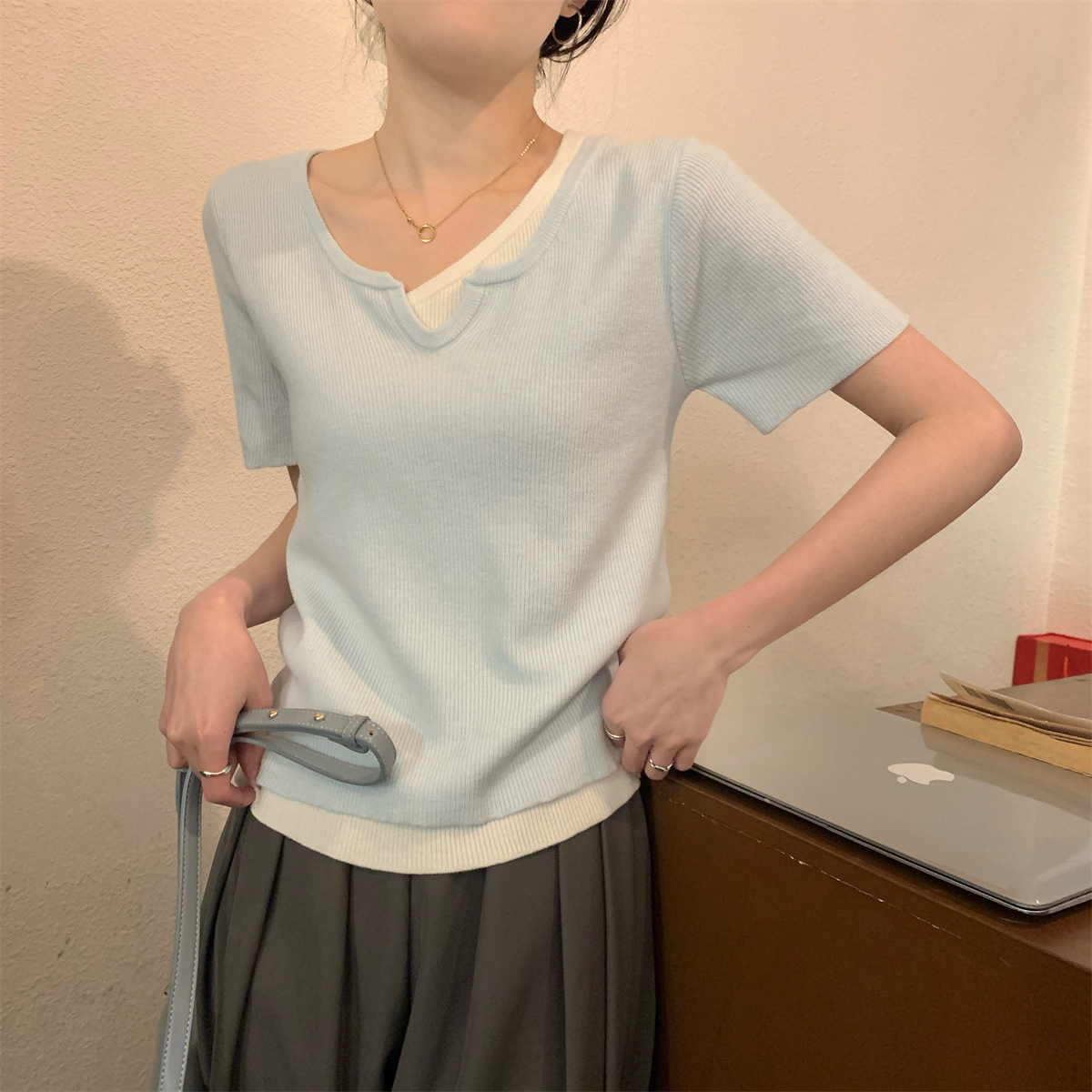 實拍 春夏韓版百搭撞色假兩件別致設計感安迪絨針織短袖上衣