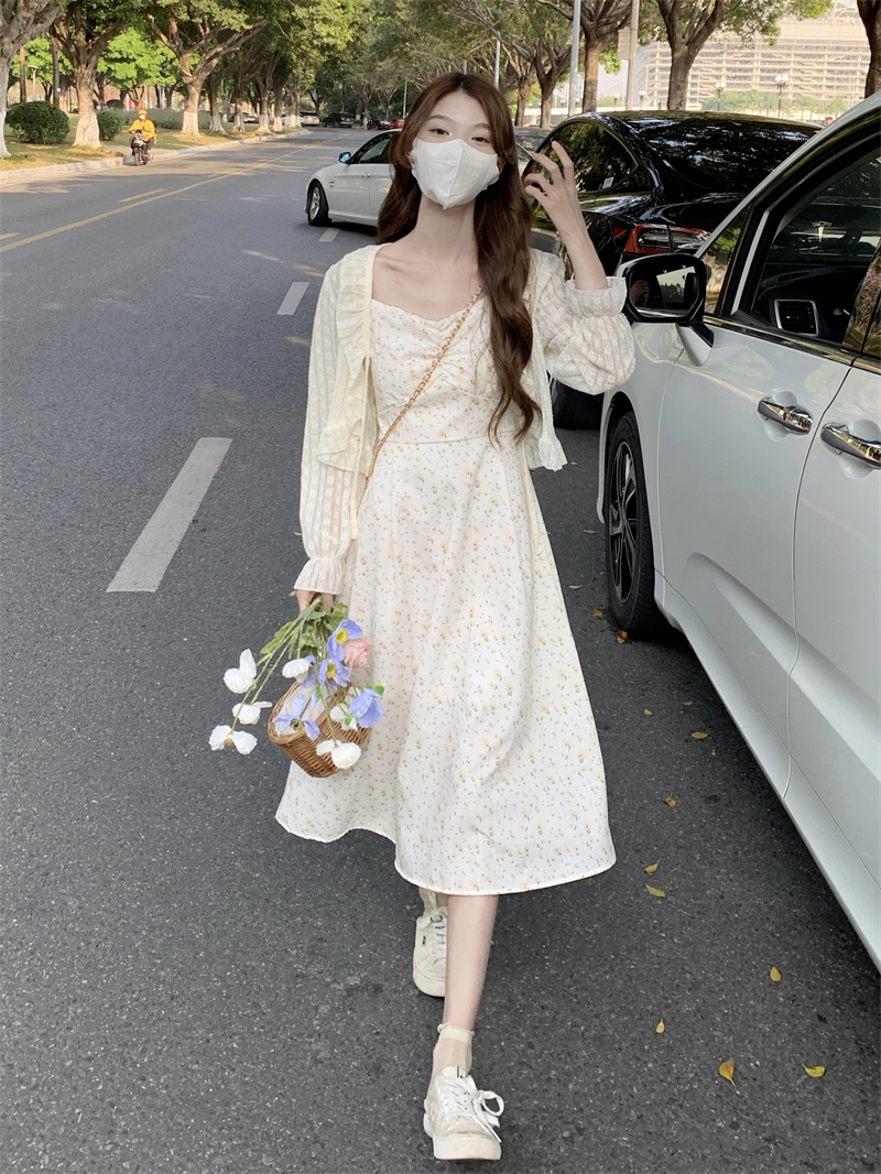 實拍~法式初戀中長款裙子女小個子吊帶連衣裙+褶皺長袖防曬衣