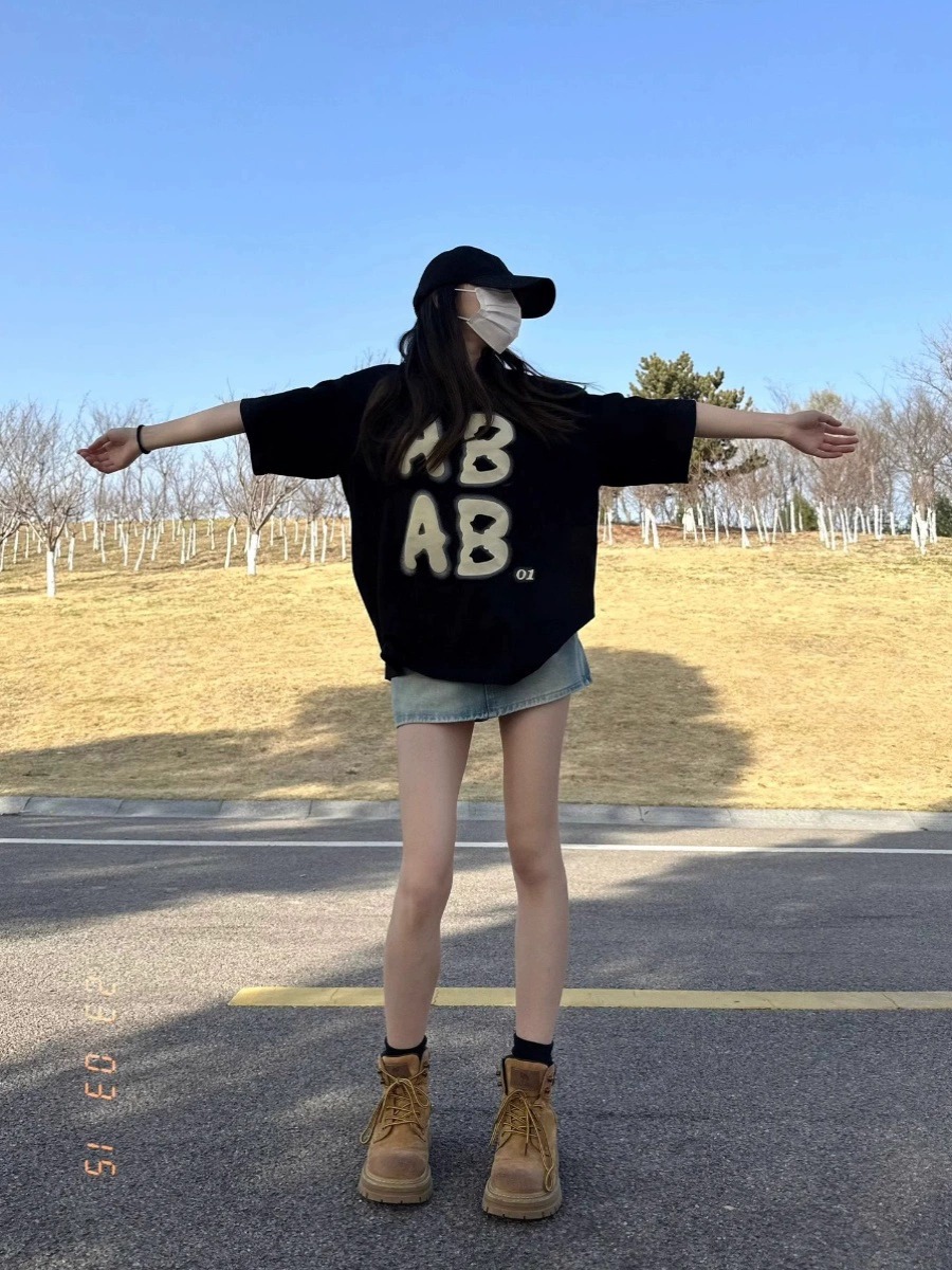 重磅棉落肩後包條寬鬆大碼印花純棉短袖T恤女