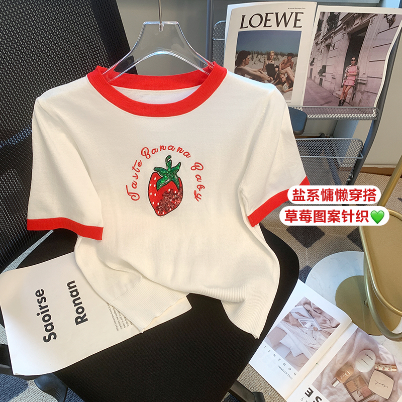 Real shot of summer sweet pineapple embroidery short-sleeved knitted T-shirt for women with niche French style top trendy for small people