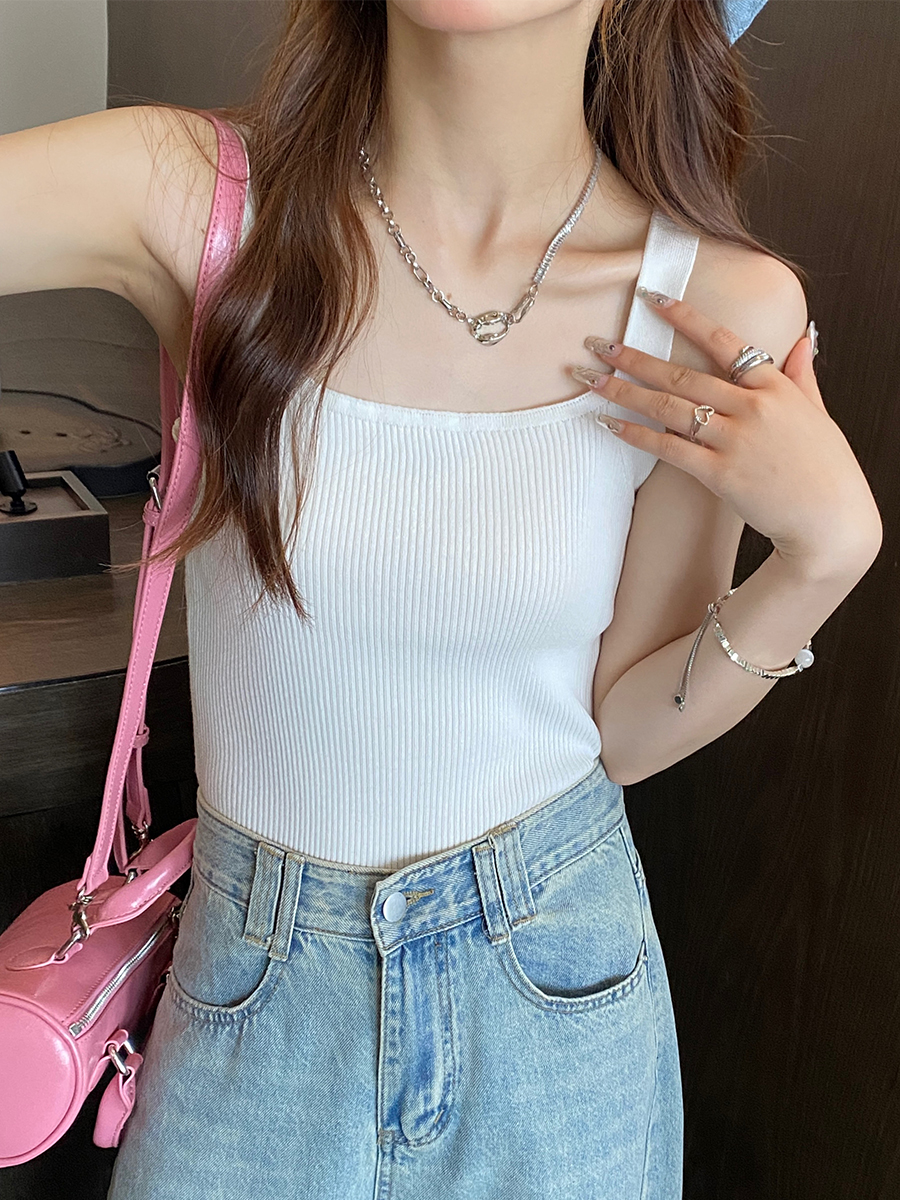冰絲針織吊帶女西裝內搭背心外穿設計感小眾黑色打底無袖上衣百搭