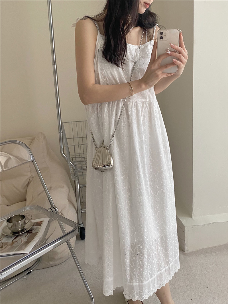 實拍2024春夏日系少女甜美重工蕾絲吊帶連衣裙