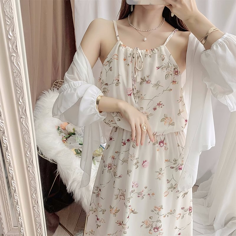 原版做工碎花吊帶連衣裙顯瘦修身印花兩件套沙灘度假長裙子夏季