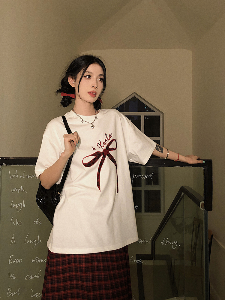 吵吵家 短袖t恤女夏季寬鬆休閒設計感小眾白色圓領蝴蝶結印花上衣