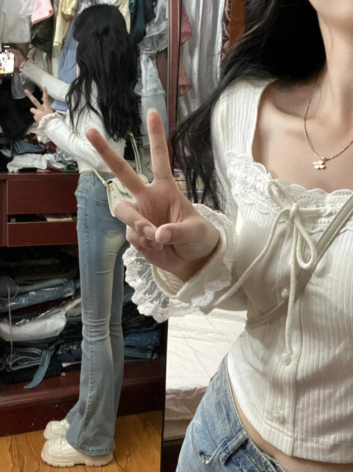 春秋新款白色長袖T恤蕾絲花邊設計感正肩修身打底衫甜美內搭上衣