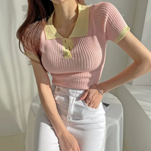 Korean style INS style pure desire POLO collar sweater short-sleeved T-shirt women's summer sweet short slim fit top