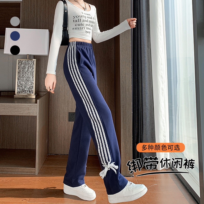 實拍春夏小個子絲帶蝴蝶結直筒褲衛褲高腰寬鬆休閒側邊豎條闊腿褲