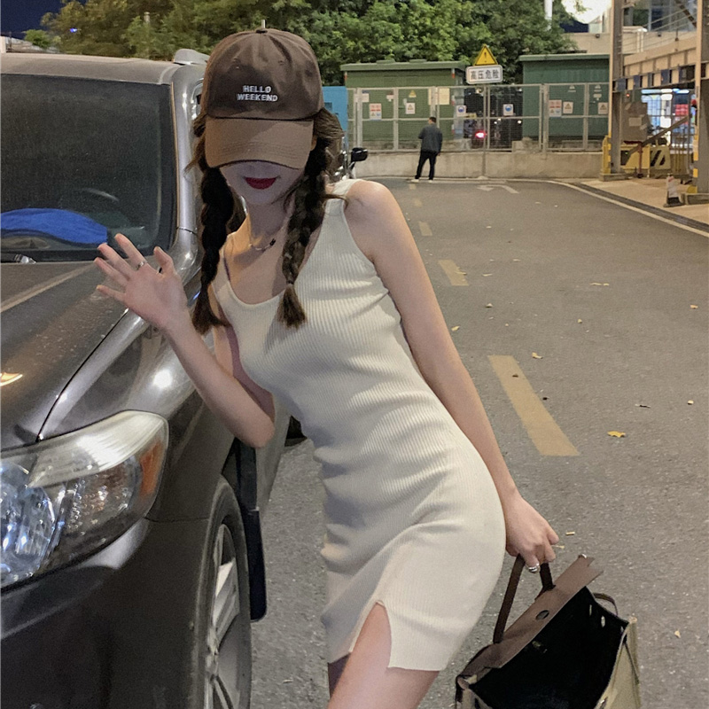 韓系小個子連衣裙夏季新款裙子顯瘦針織背心性感包臀開叉短裙