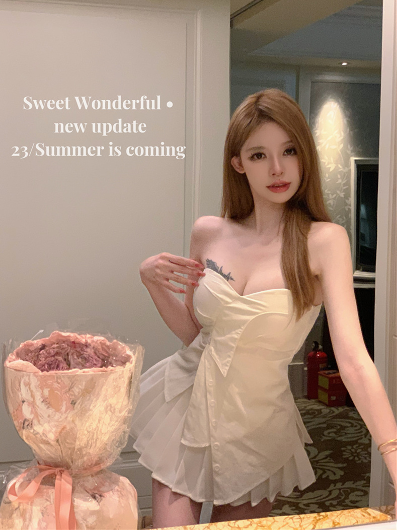 實拍   辣妹不規則一字肩性感收腰胸墊抹胸上衣+短裙褲裙褲