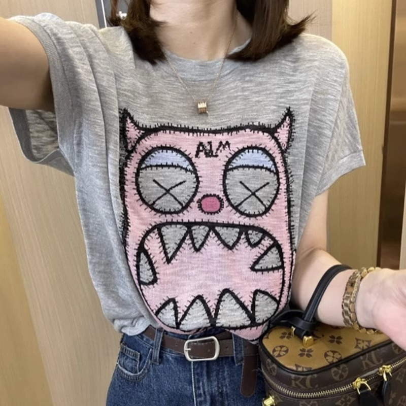大碼胖MM圓領短袖女2024夏季新款設計感卡通寬鬆休閒遮肉T恤上衣