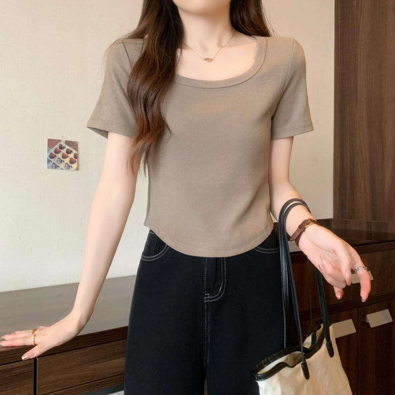 實拍  40支純棉 2024夏裝方領短袖T恤女ins潮修身短款