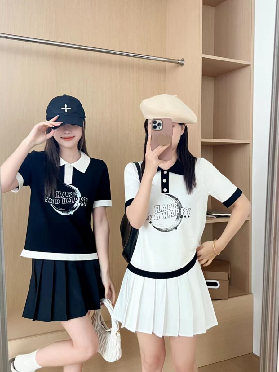 設計感小眾撞色月亮翻領短袖女針織寬鬆顯瘦正肩polo衫短款上衣夏