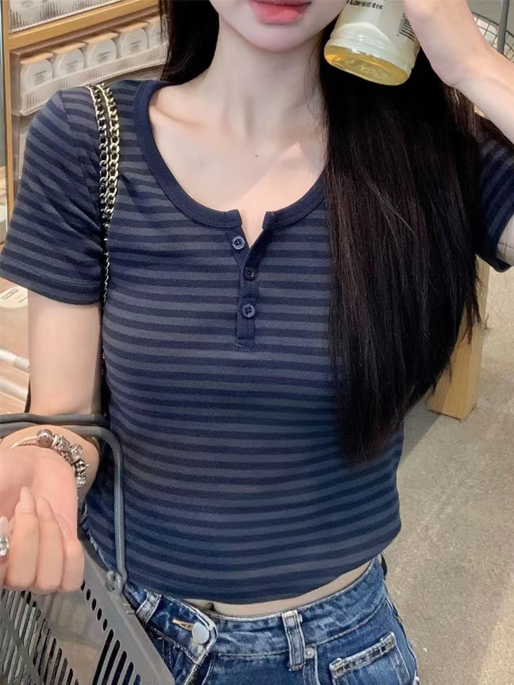185克條紋官方美式復古小眾短款上衣t恤女修身露肚臍