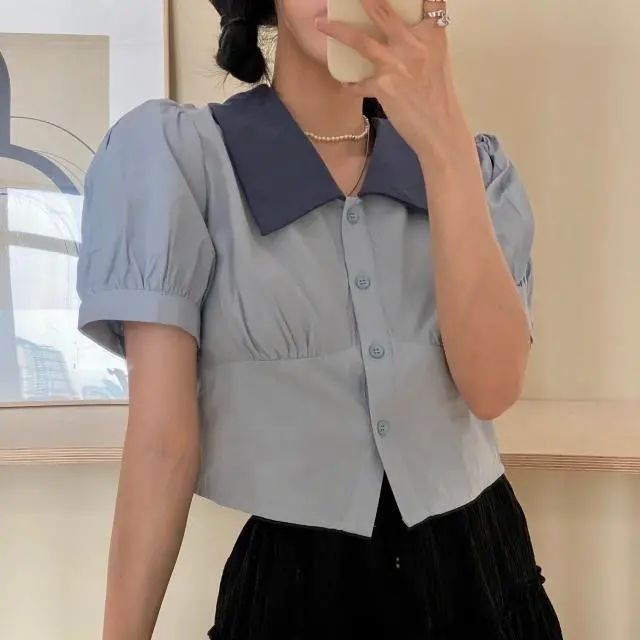 2024夏裝新款法式bm風短款短款露臍泡泡袖polo領襯衫女甜辣上衣