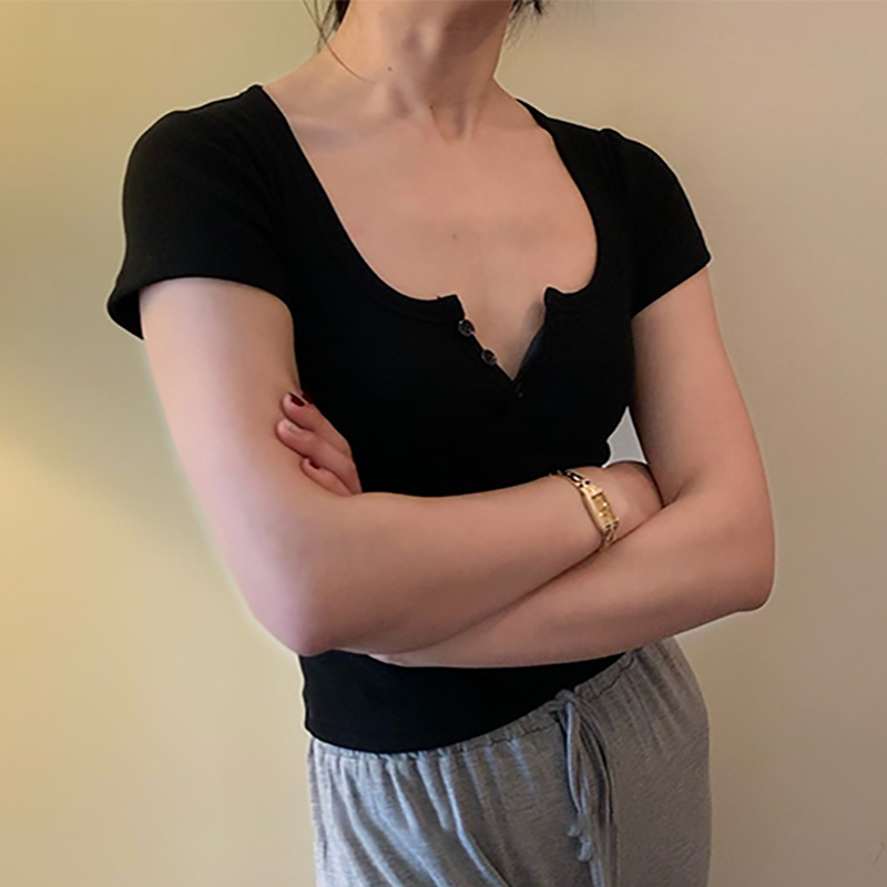 美式正肩螺紋基礎款短袖t恤女夏季新款露鎖骨性感辣妹ins短款上衣