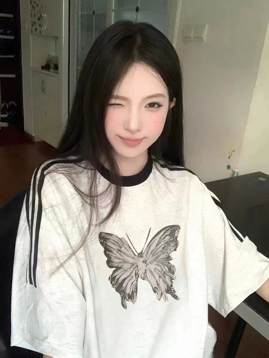 夏季韓版240克純棉寬鬆百搭字母印花撞色短袖T恤女三條杆打底上衣