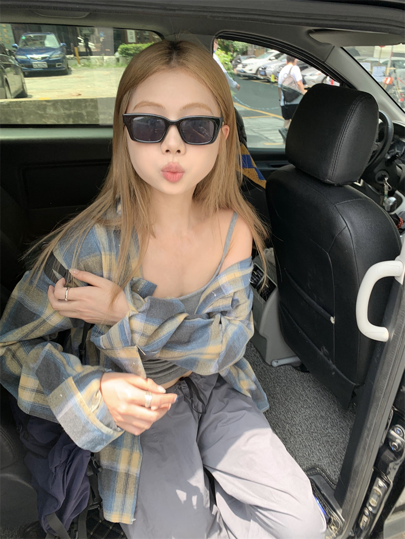 實拍~ 美式復古撞色格子防曬襯衫長袖寬鬆襯衣外套