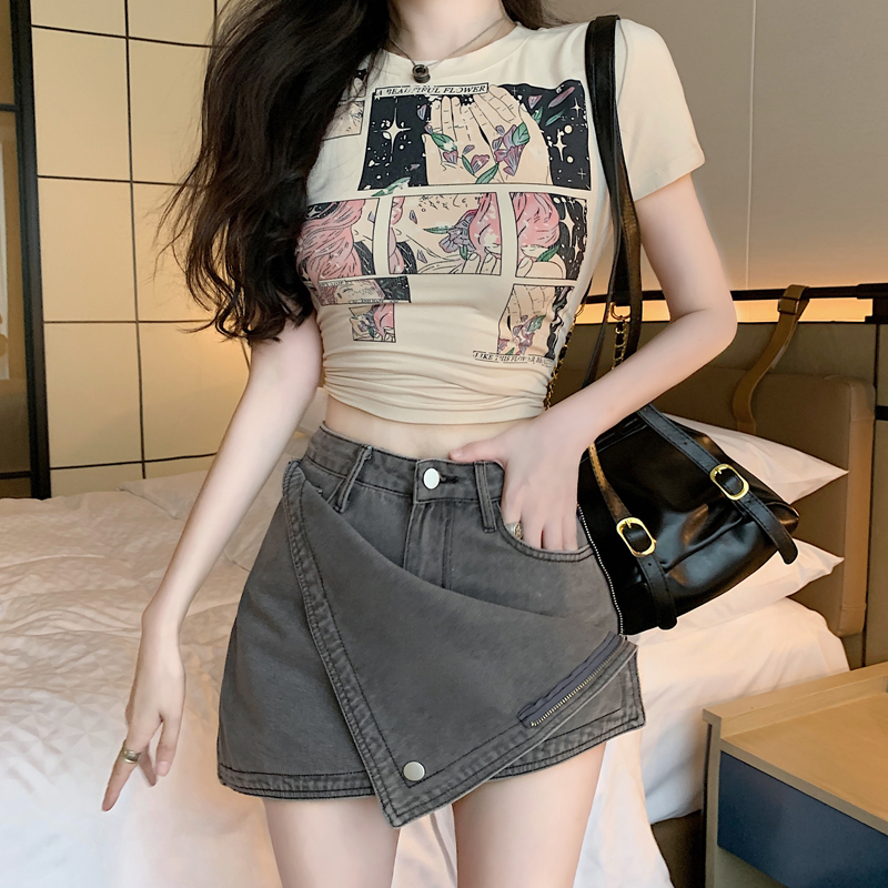 實拍 美式復古印花正肩短款短袖T恤