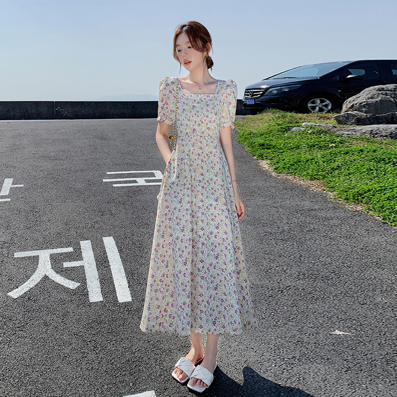 French retro floral chiffon dress women's summer 2024 new Korean version slimming small square neck a-line skirt