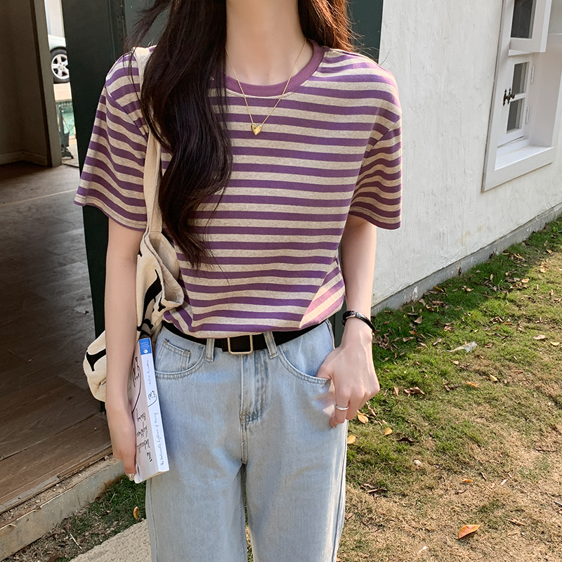 #實拍後包領 250克彩棉條紋T恤女短袖寬鬆純棉上衣夏小個子
