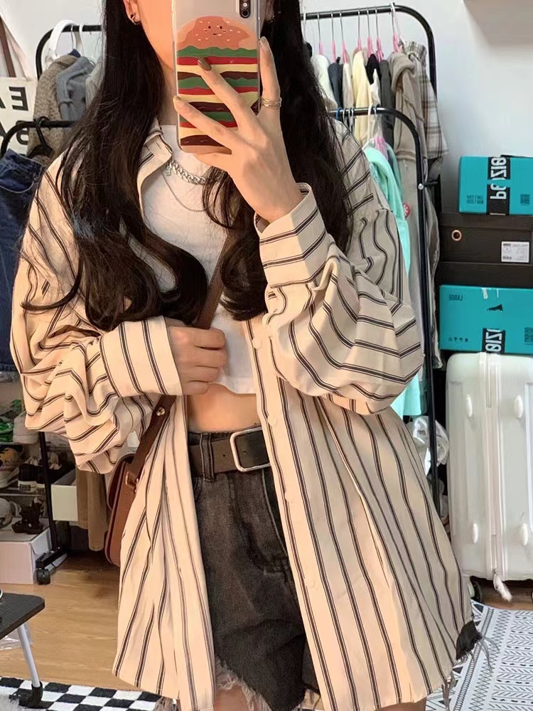 條紋長袖薄款chic港味設計感小眾防曬襯衫女寬鬆春秋外搭襯衣外套
