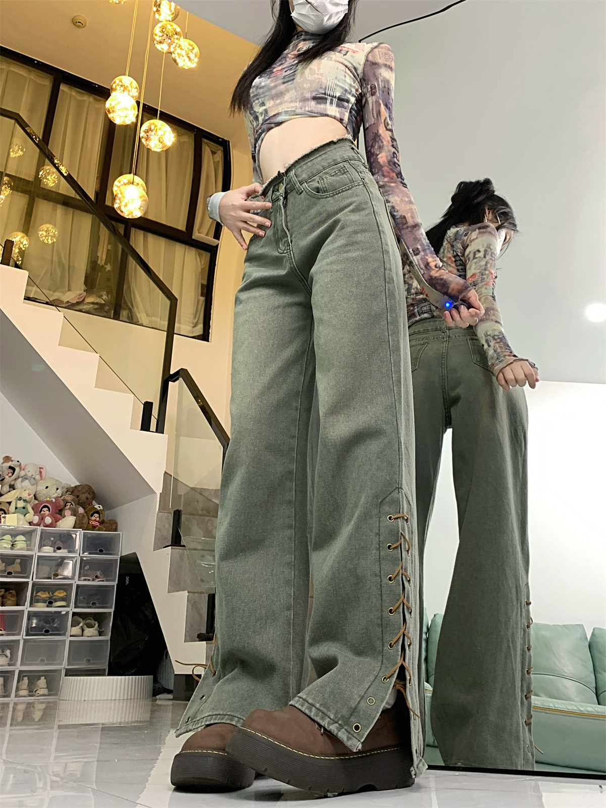 實拍 美式復古辣妹設計綁帶微喇褲毛邊高腰拖地牛仔褲