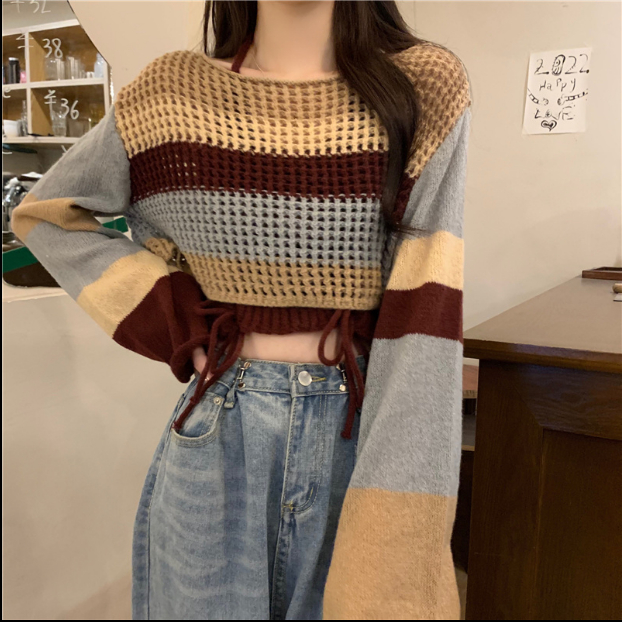 New Korean style summer hollow long-sleeved sweater halterneck camisole for women with niche design