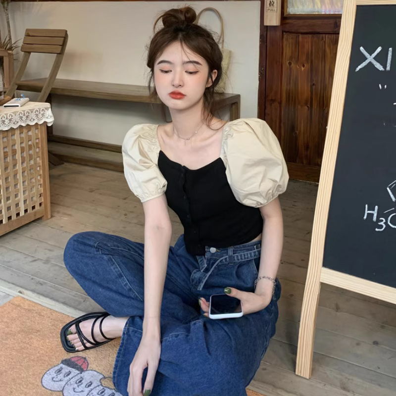甜辣方領泡泡袖襯衫女設計感小眾復古法式修身顯瘦別致短款上衣夏