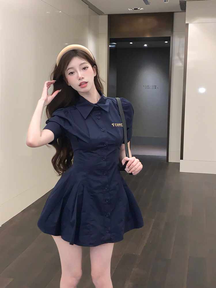 學院風翻領連衣裙顯瘦夏季短袖收腰褶皺 高檔氣質排扣a字裙子