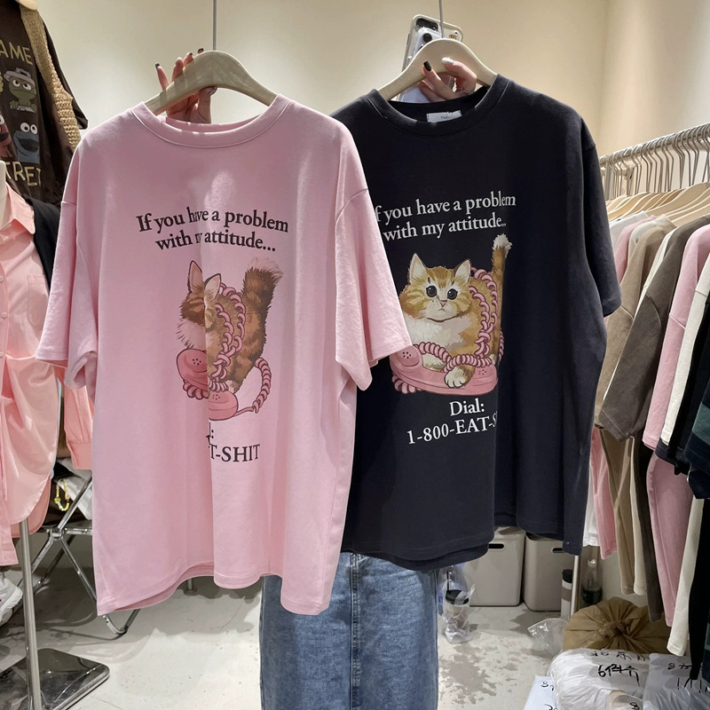 外貿韓版東大門夏純棉短袖貓咪卡通粉色減齡顯瘦大碼休閒打底上衣