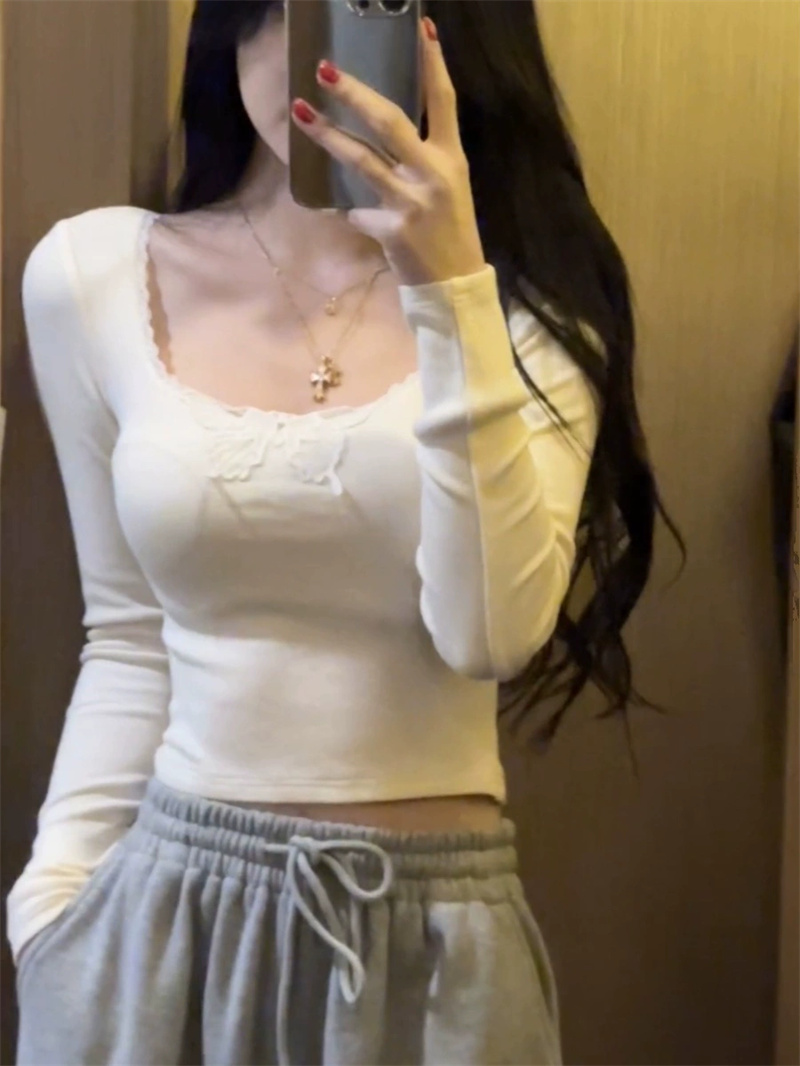 美式純欲蝴蝶蕾絲邊方領t恤女冬季性感辣妹修身露鎖骨打底衫上衣