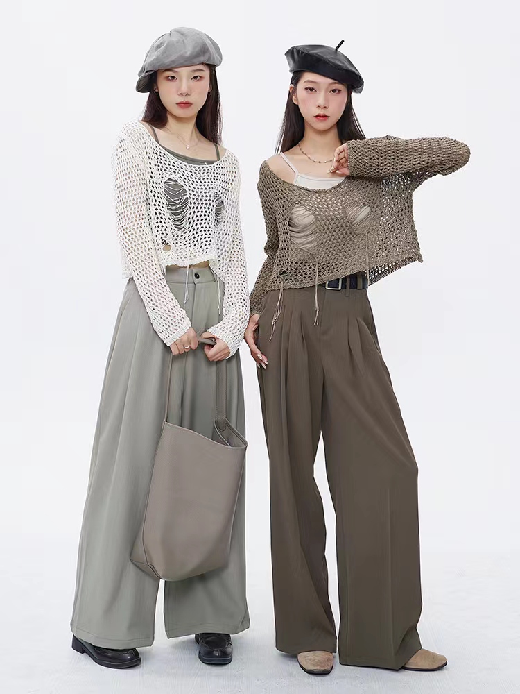 花田櫥窗HTmeme 秋野白茶~設計感編織破洞罩衫吊帶背心女套裝上衣