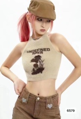 復古辣妹掛脖無袖上衣女設計感小眾顯瘦撞色毛織背心