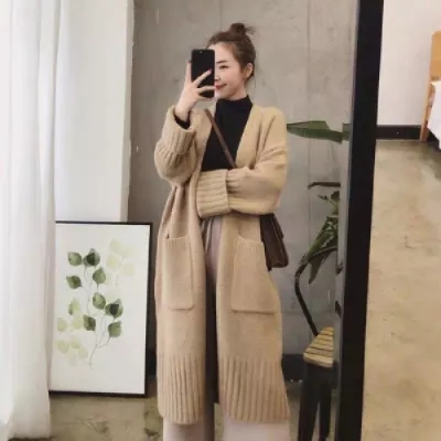 胖mm毛衣外套女秋冬洋氣寬鬆大碼加厚針織開衫過膝中長款顯瘦