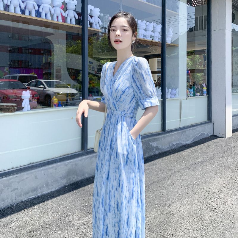 復古設計小個子歐美碎花夏季港風收腰法式雪紡短袖新款休閒V領中