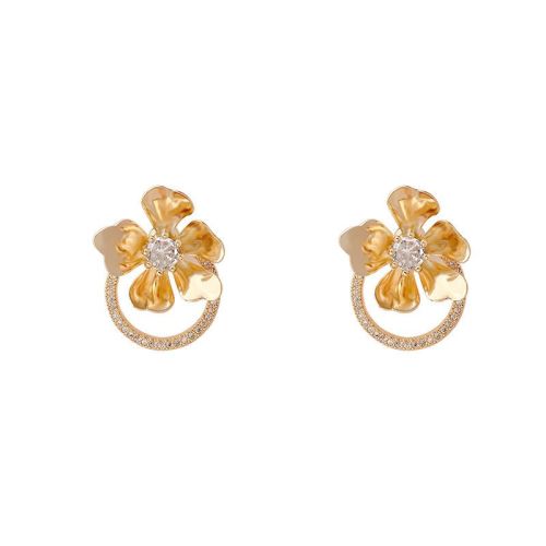 Actual shot of S925 silver needle back-hanging metal flower zircon earrings for female Korean personality and temperament internet celebrity