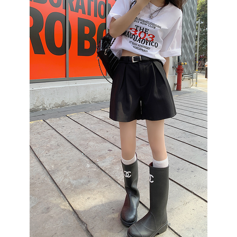 實拍！2024新款休閒西裝短褲女鬆緊腰顯瘦百搭寬鬆型闊腿褲帶內襯